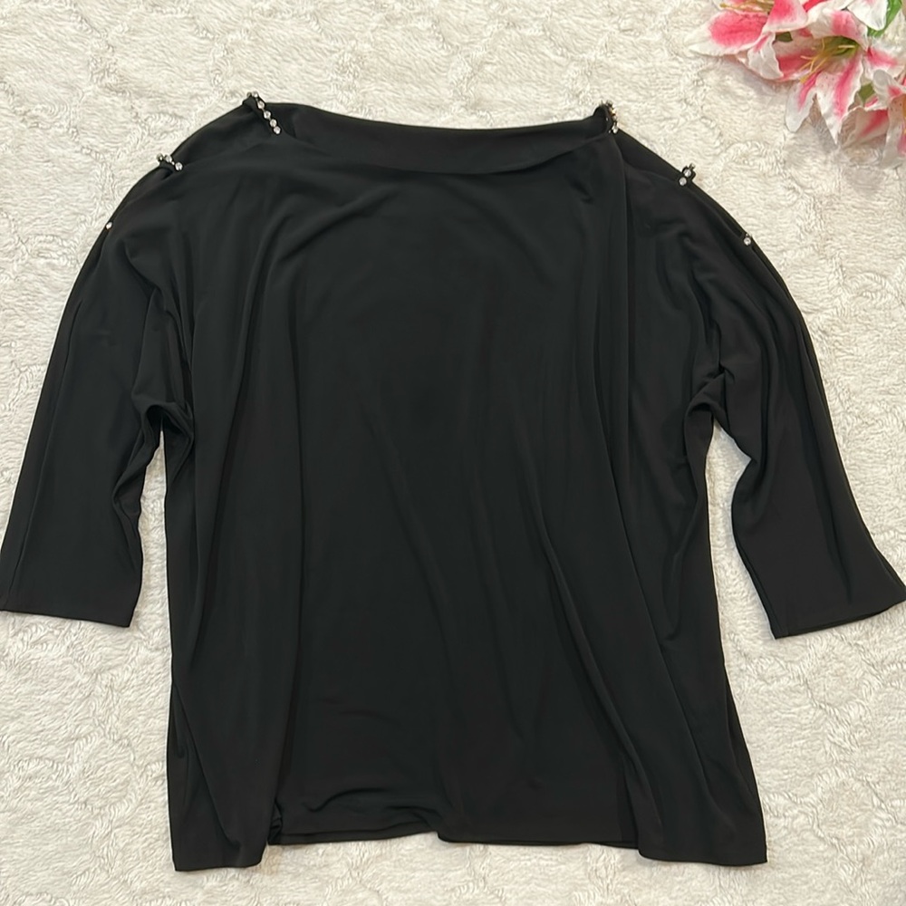 INC International Concepts Black Cold Shoulder Blouse - Rhinestone Straps, 3X